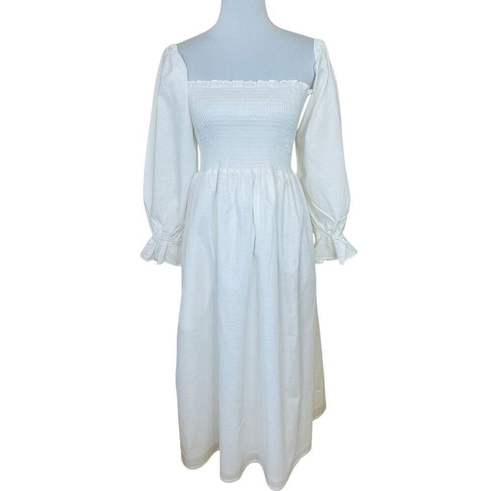 Petal and Pup Domenica Shirred Long Sleeve Midi Dress White Size Medium